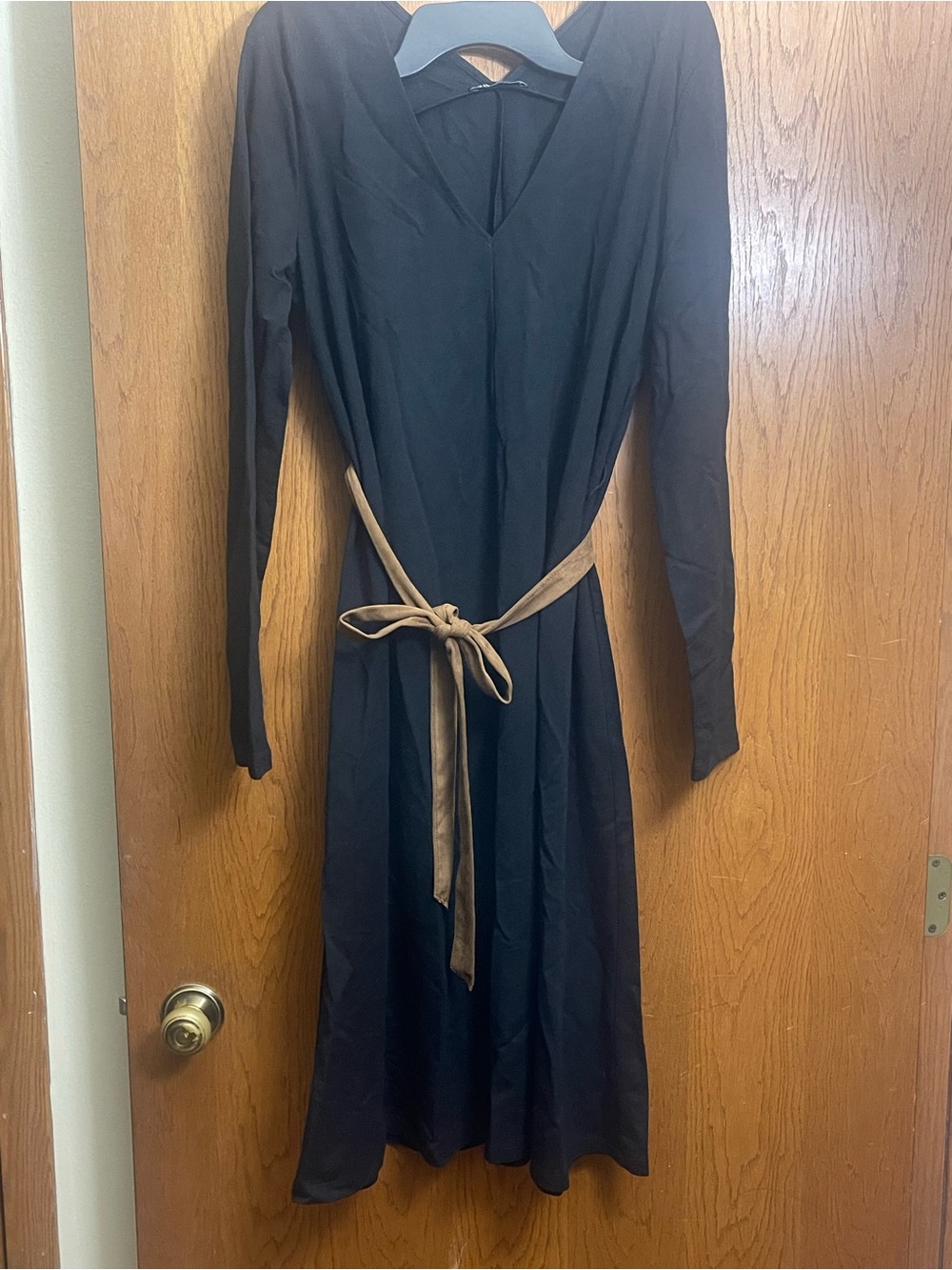 Zara Black Midi Dress with Tan Waist Tie
